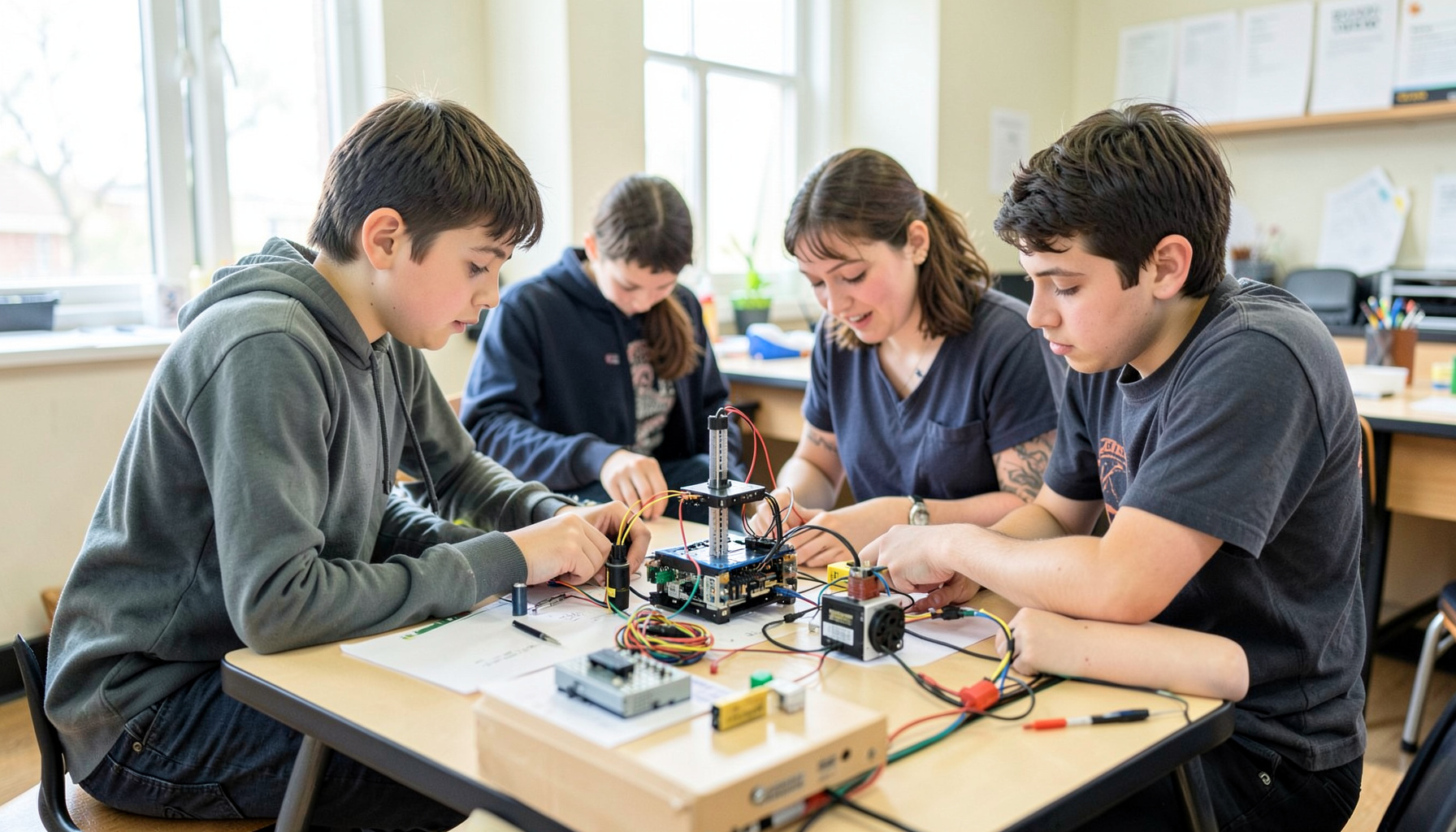 Students working together on a robotics project in a bright classroom