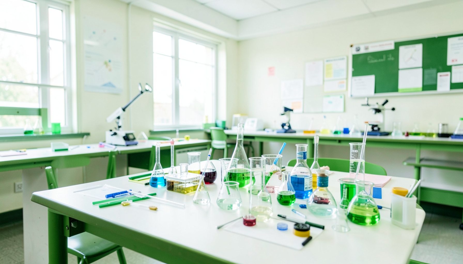 Bright classroom with science experiment materials in green and white tones