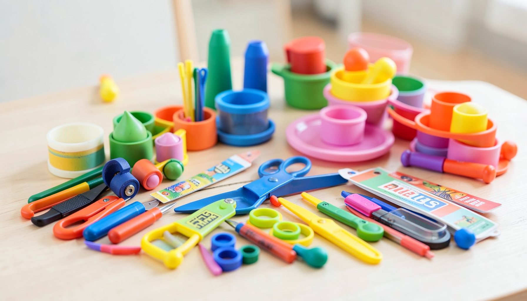 Colorful STEM activity supplies arranged on a table