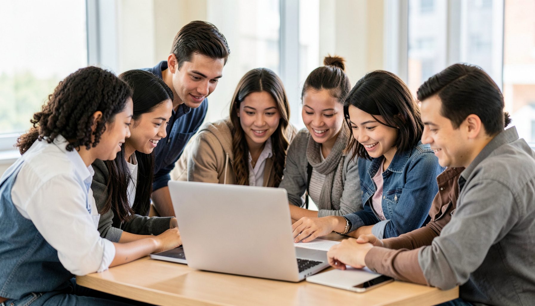 Group of students collaborating around a laptop