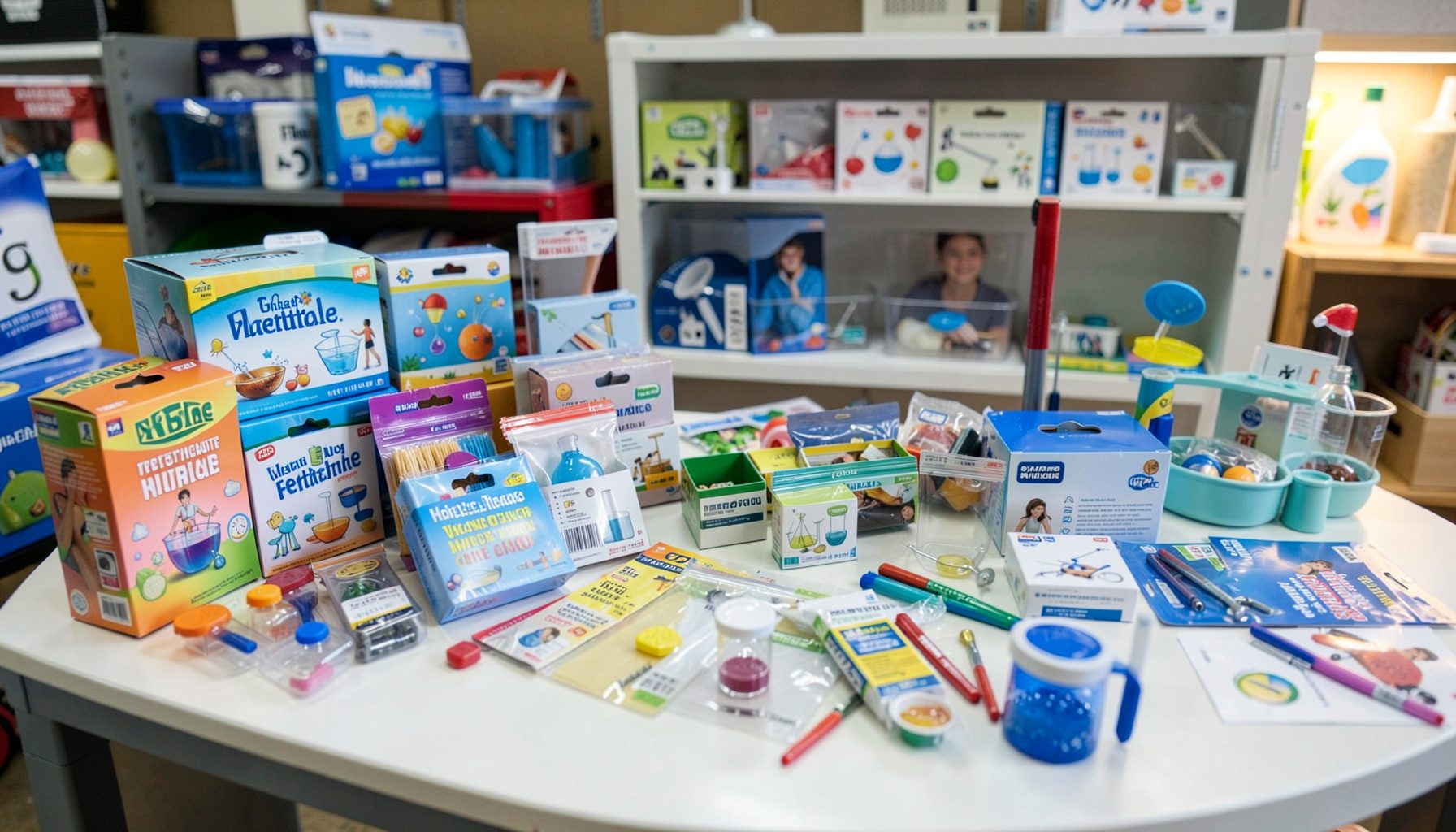 Educational kits and science materials on display