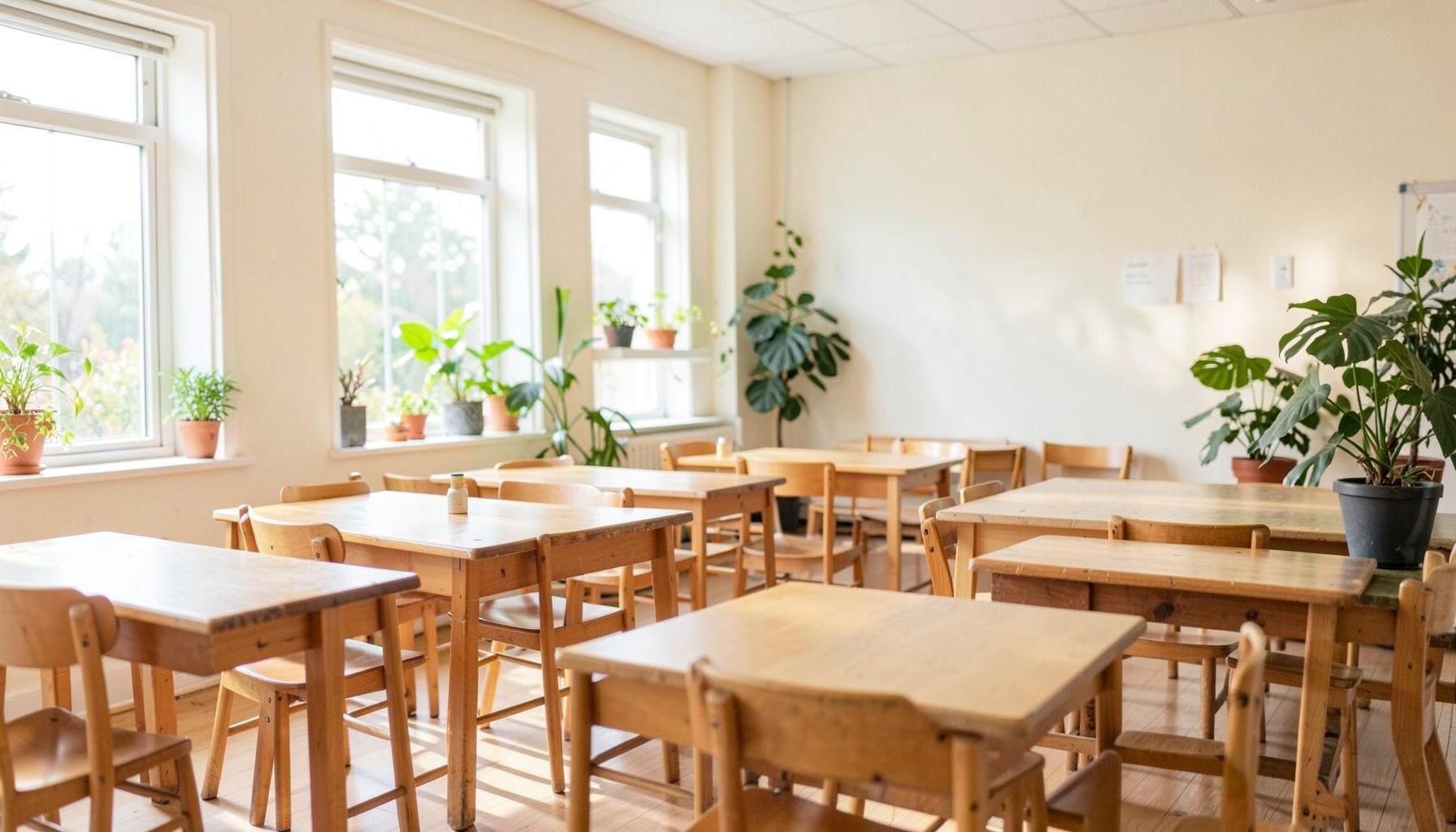 A bright, airy classroom with wooden tables, green plants, and soft natural light, conveying a calm and inviting learning atmosphere