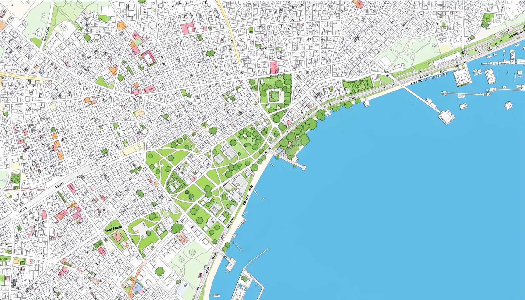 A stylized city map showing the South of Market neighborhood in San Francisco with green park areas and blue water along the bay