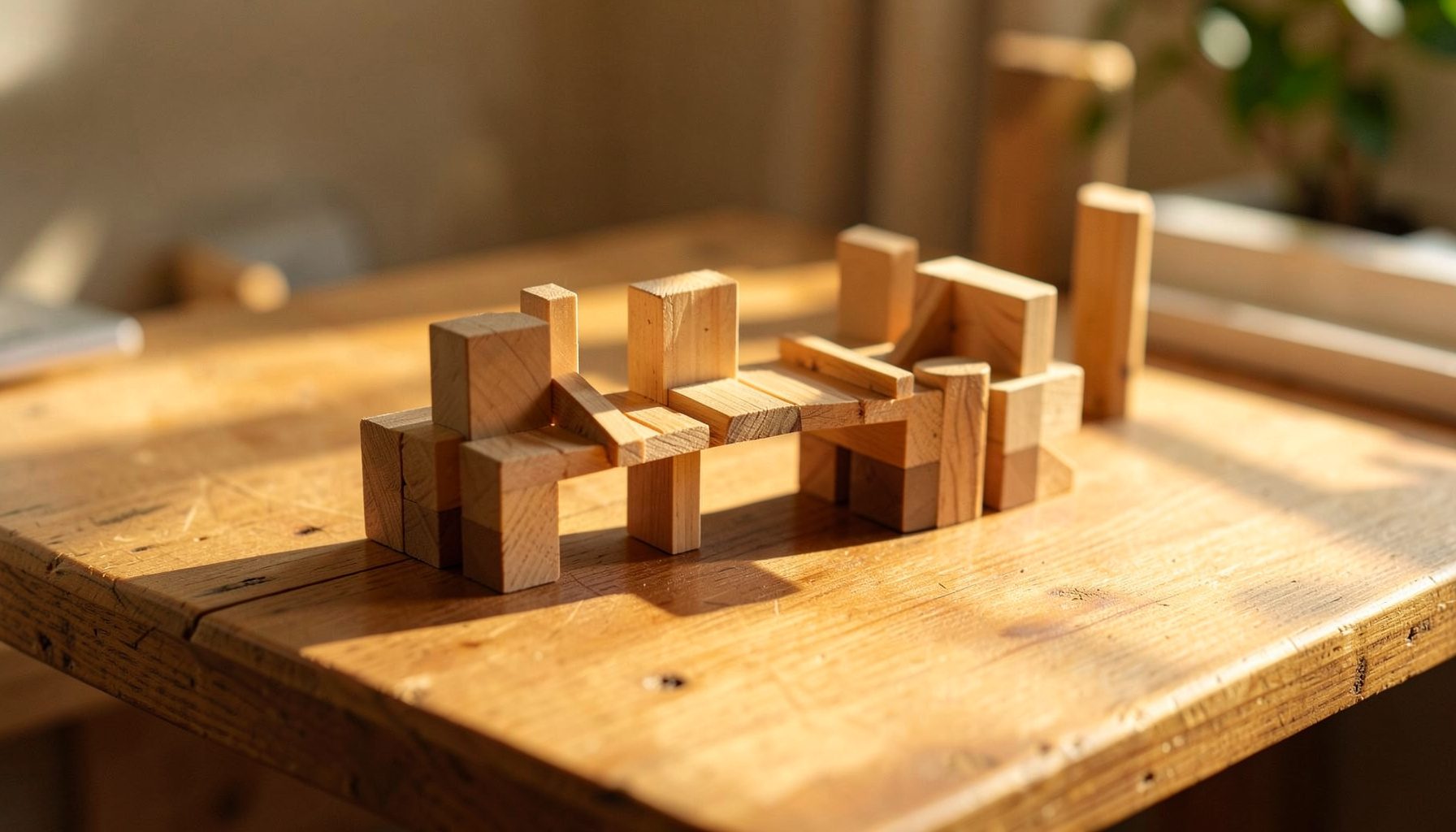 A wooden table with geometric building blocks and a small bridge model, warm afternoon sunlight, creative engineering mood