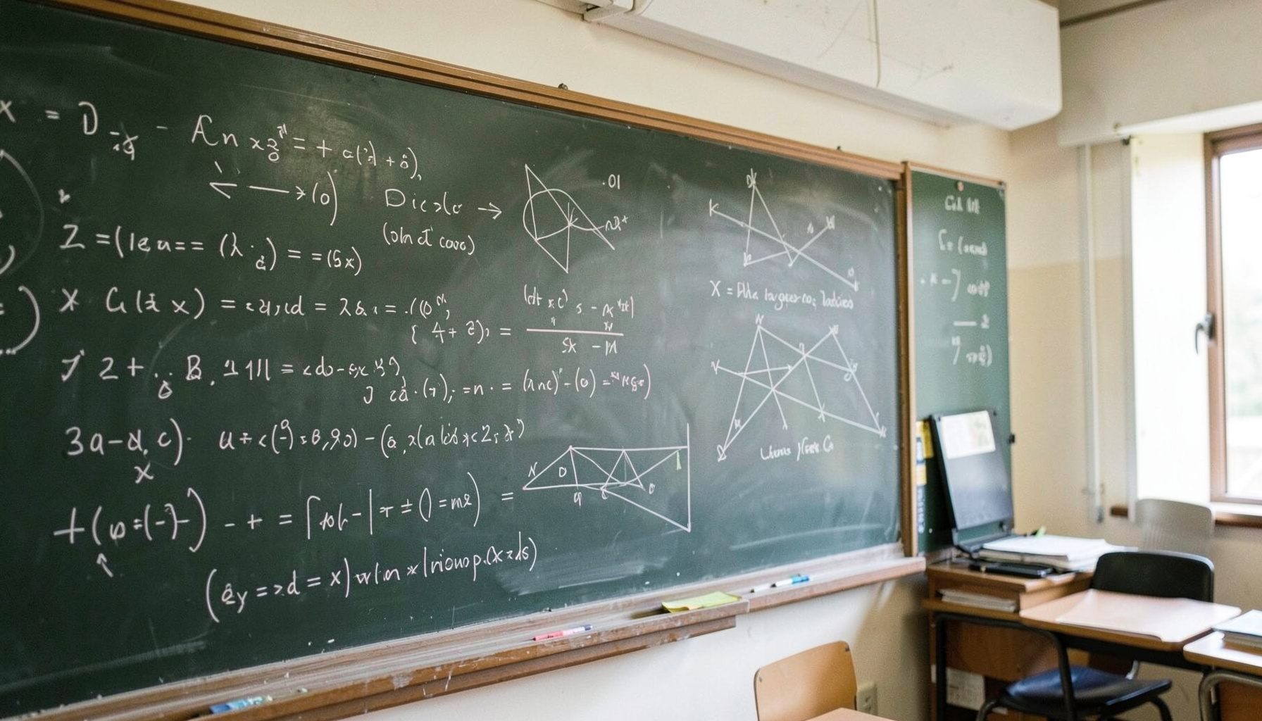 A chalkboard covered with handwritten math equations and geometric diagrams, soft classroom lighting, thoughtful academic mood