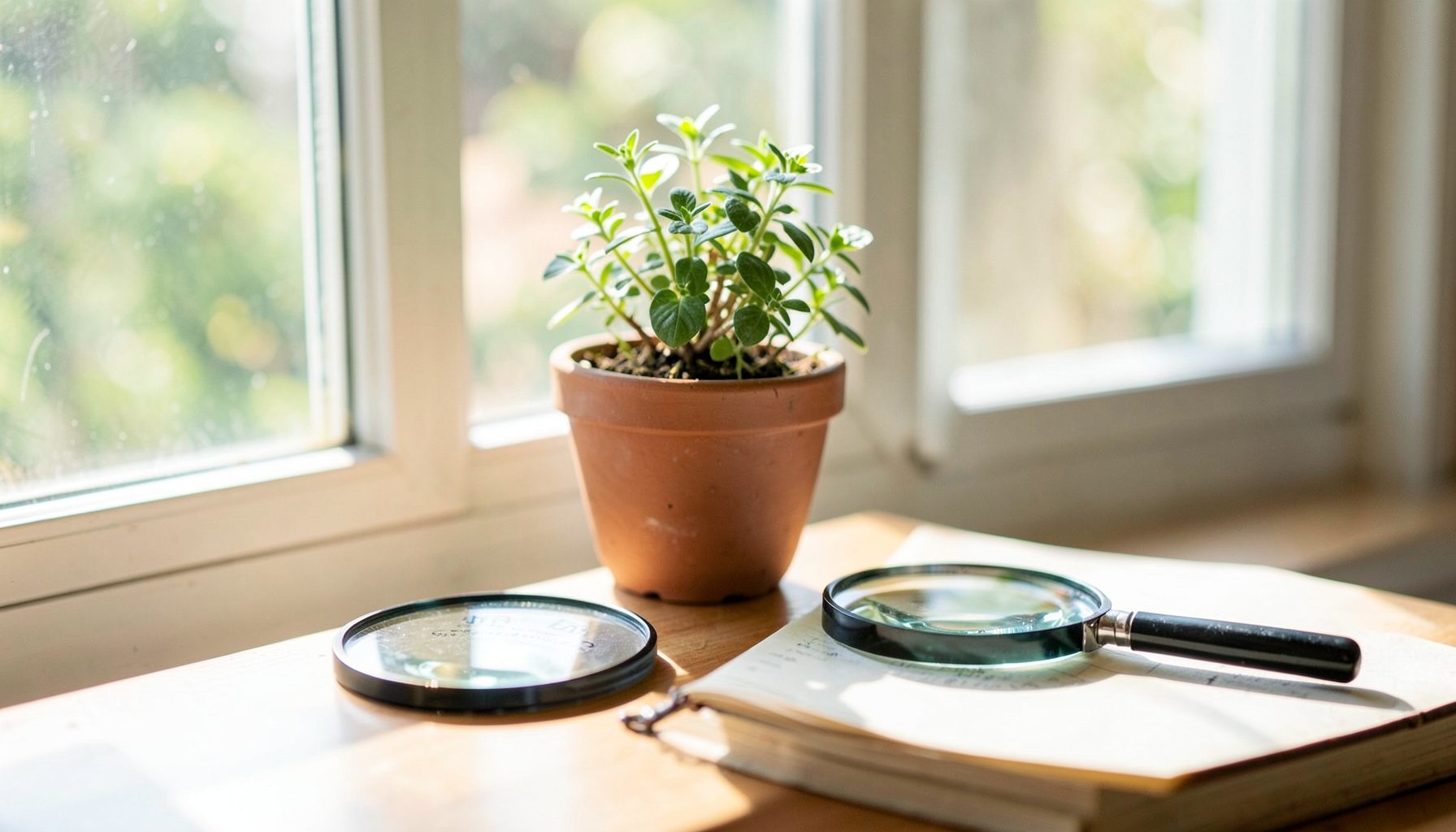 A small potted plant on a sunny windowsill next to a magnifying glass and notebook, calm nature-study mood