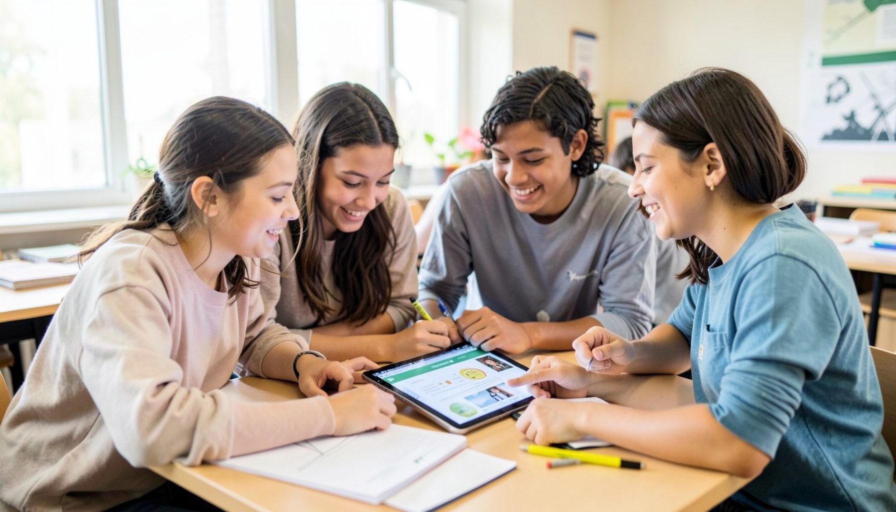 A group of students gathered around a tablet, collaborating on a project, bright and energetic classroom setting
