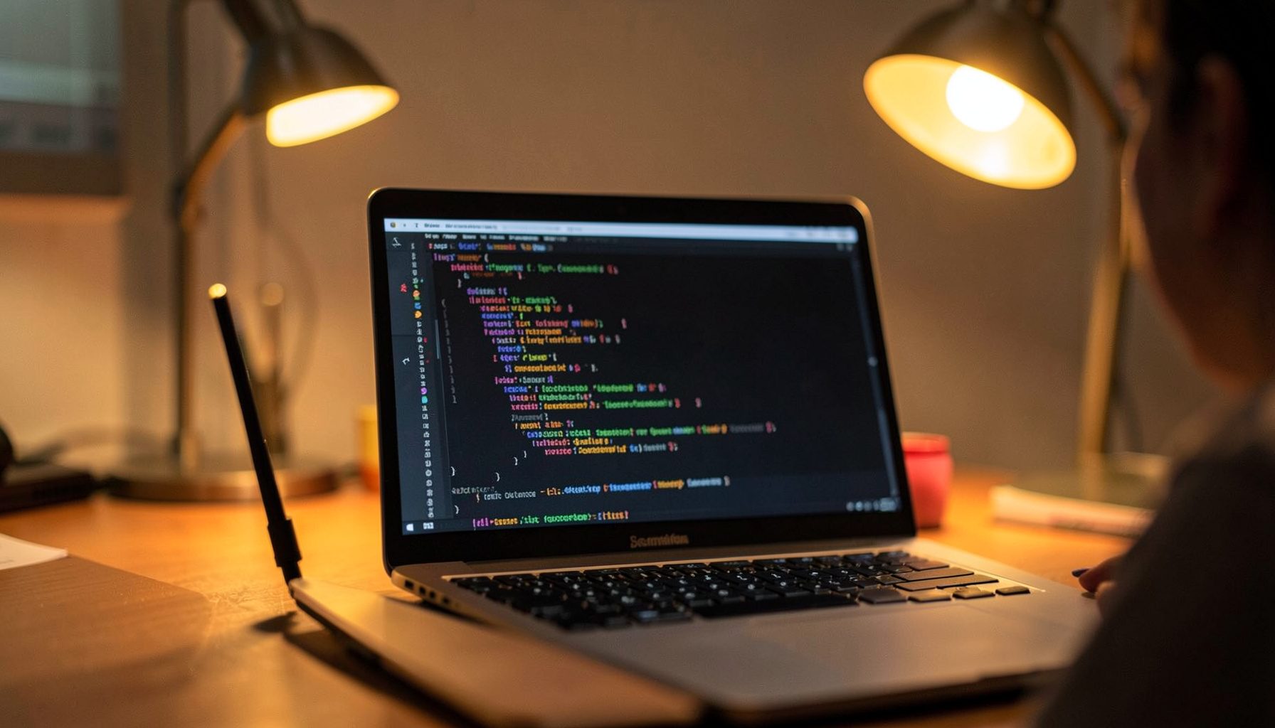 A laptop screen displaying colorful code blocks, warm desk lamp glow, focused learning atmosphere