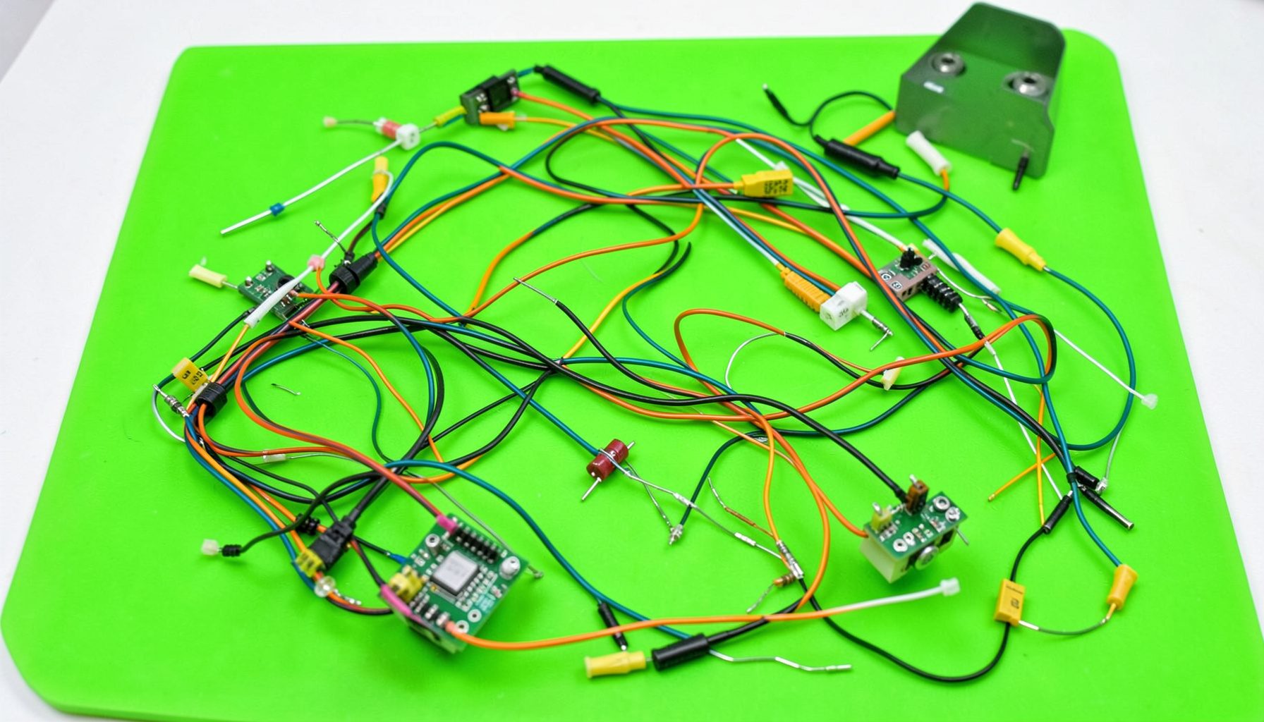 An electronics circuit-building kit with wires and components spread across a bright green mat