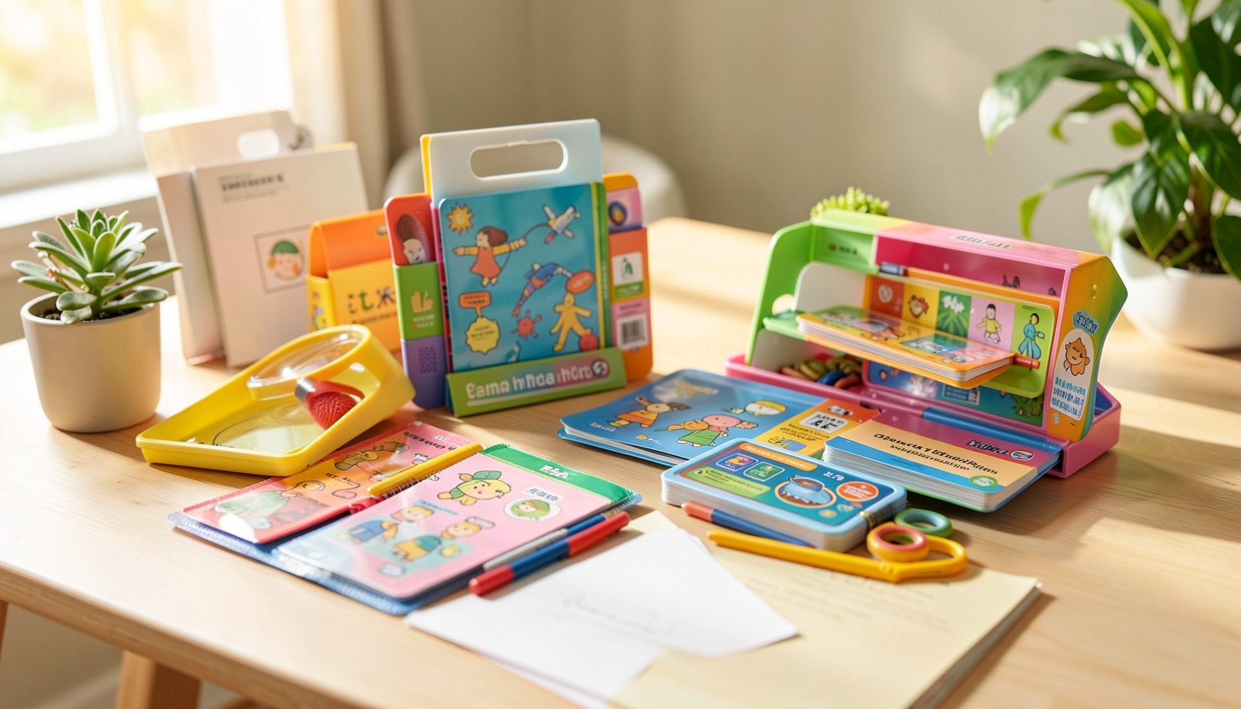 Colorful STEM learning kits and supplies arranged on a bright tabletop, with warm natural light and green accents