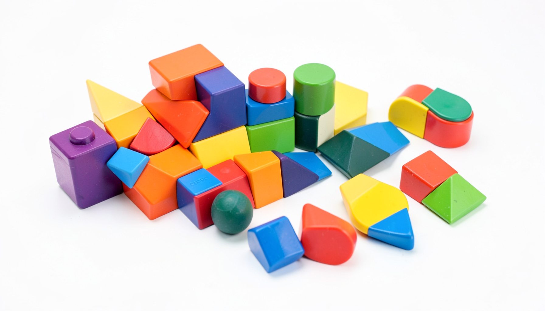 A math manipulatives set with colorful counting blocks and geometric shapes on a white background