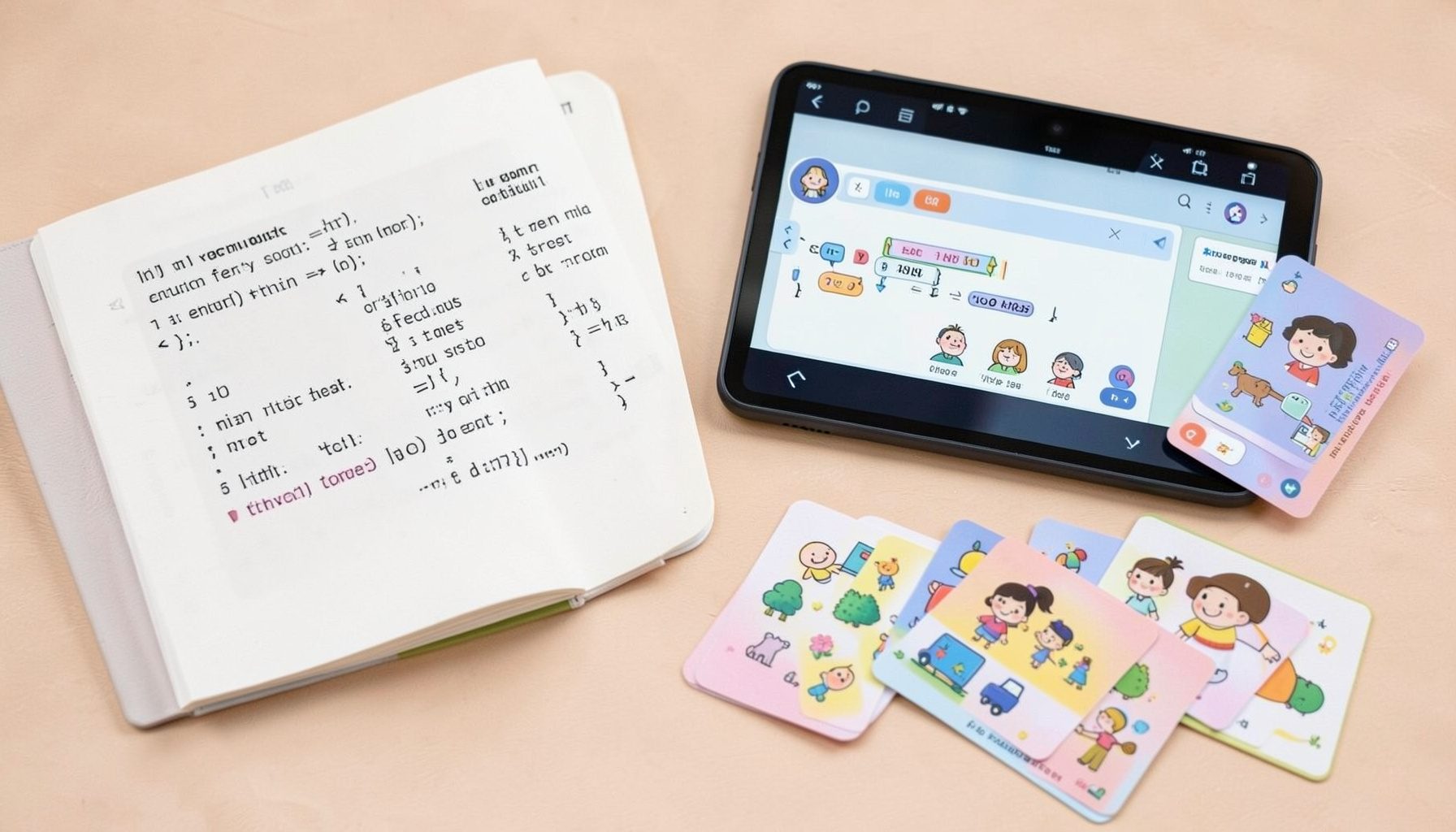 A coding activity book and puzzle cards with a tablet showing a child-friendly programming interface