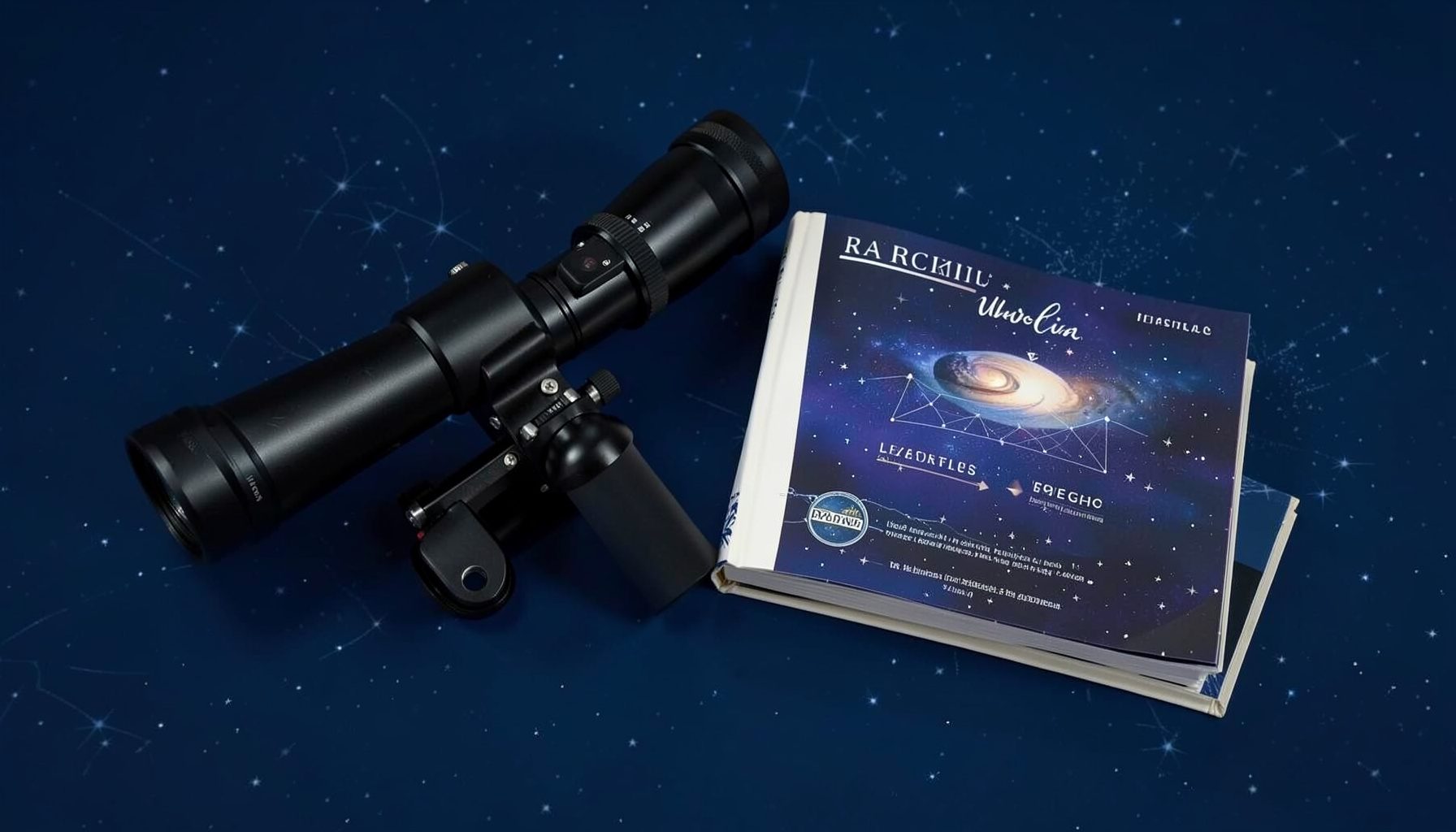 A telescope and astronomy guidebook set against a dark blue backdrop with subtle star patterns