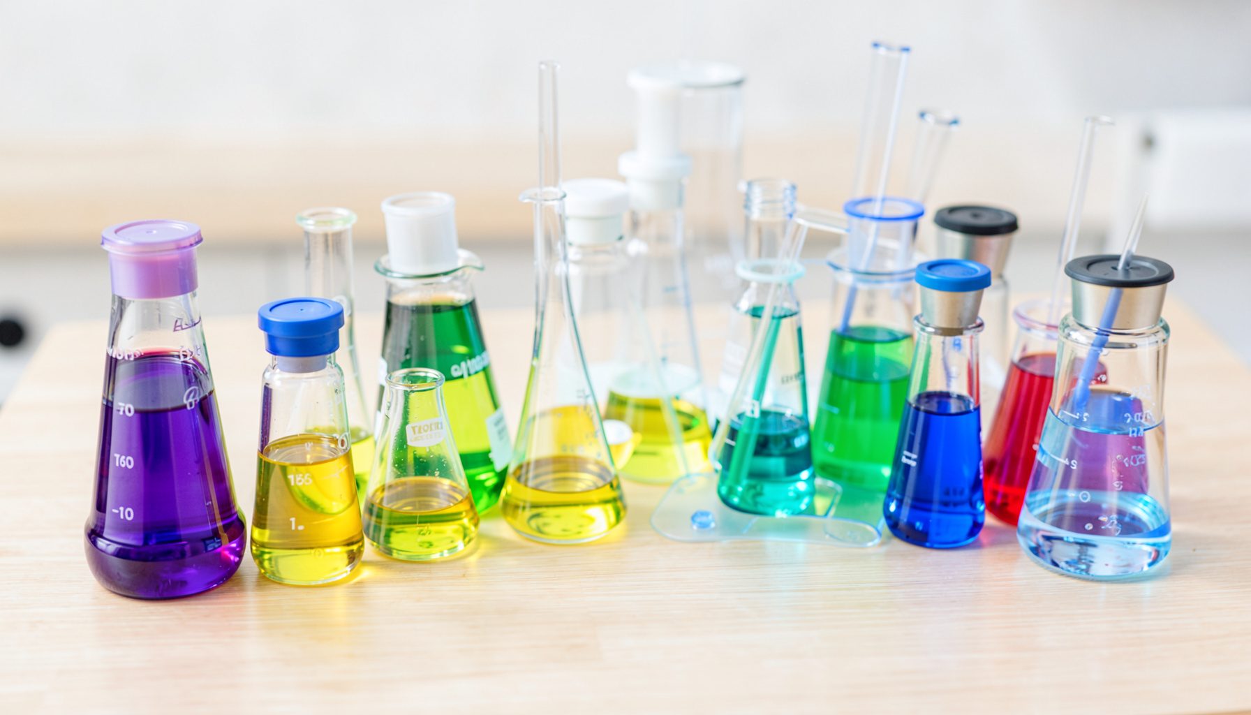 A chemistry experiment set with colorful vials and safety goggles on a light wooden table