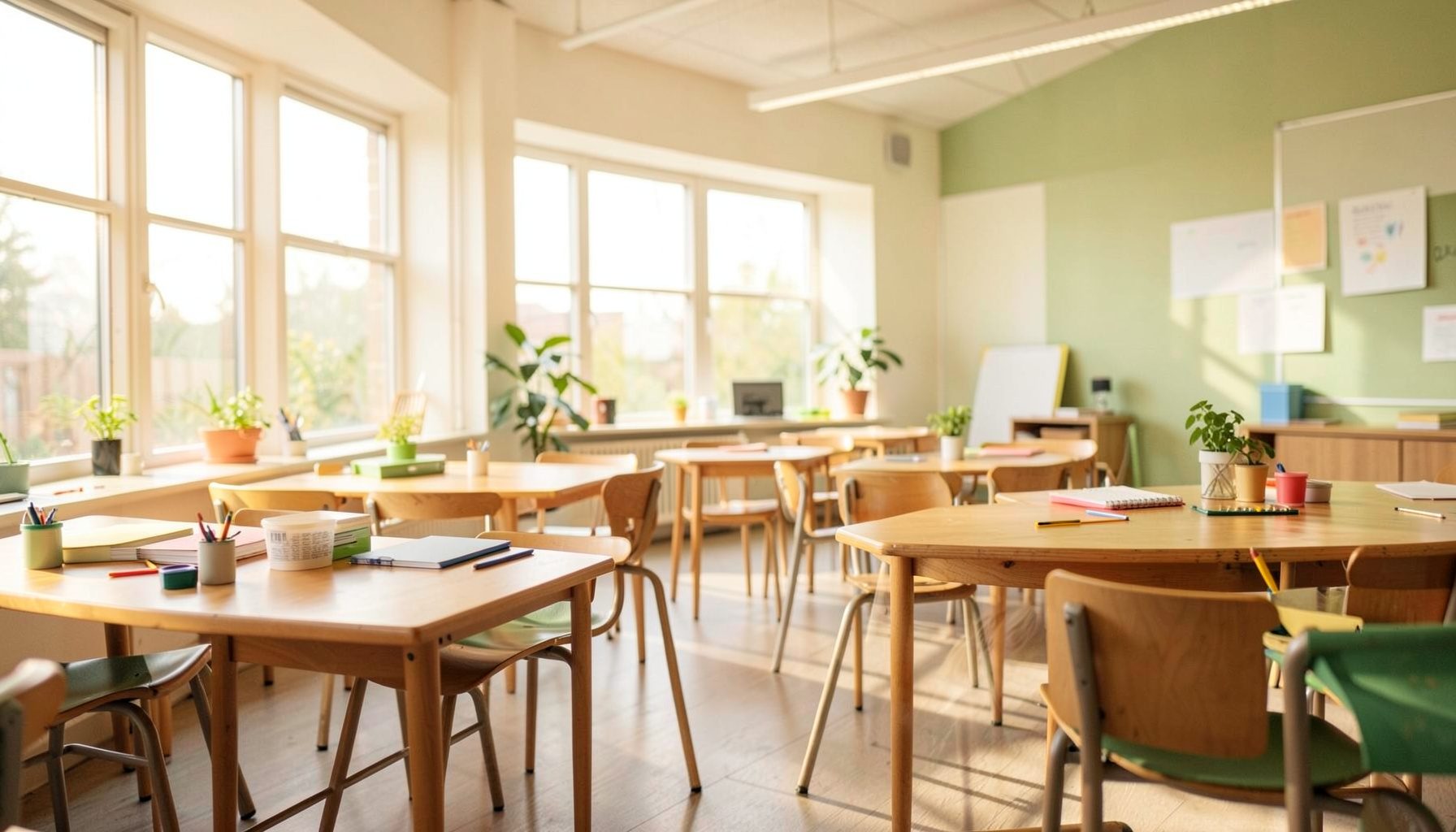 A bright, modern classroom or lab space with warm natural light, wooden tables, and soft green accents, conveying curiosity and hands-on learning.