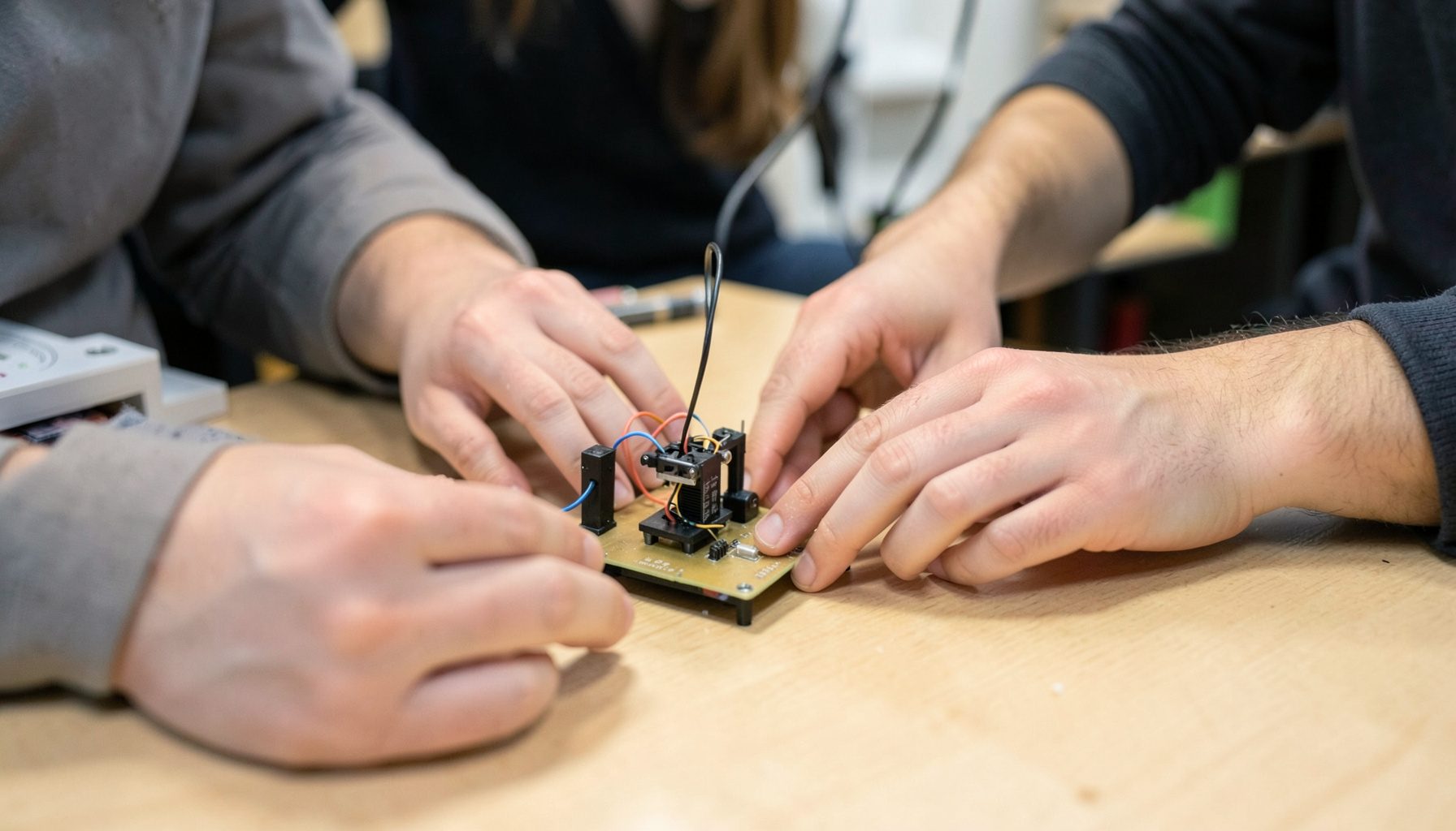 Hands of several people working together on a small robotics project, soft overhead lighting, neutral wood table surface, focused and friendly atmosphere