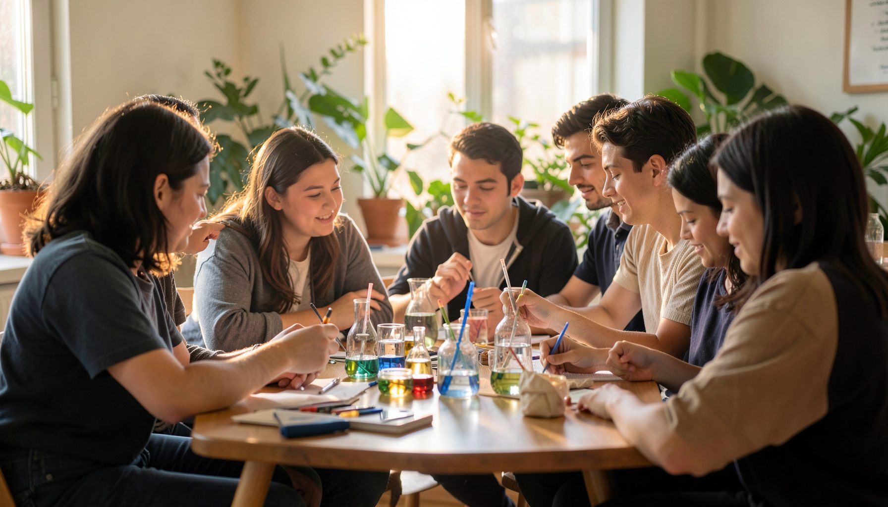 A group of students gathered around a shared experiment table, warm natural light from a window, green plants in the background, calm and collaborative mood