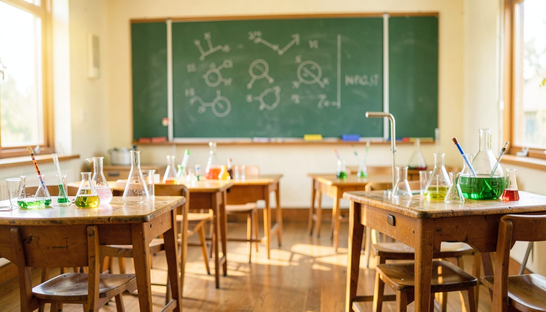 A bright classroom laboratory with wooden tables, beakers, and a chalkboard showing simple science diagrams, bathed in warm natural light with soft green accents