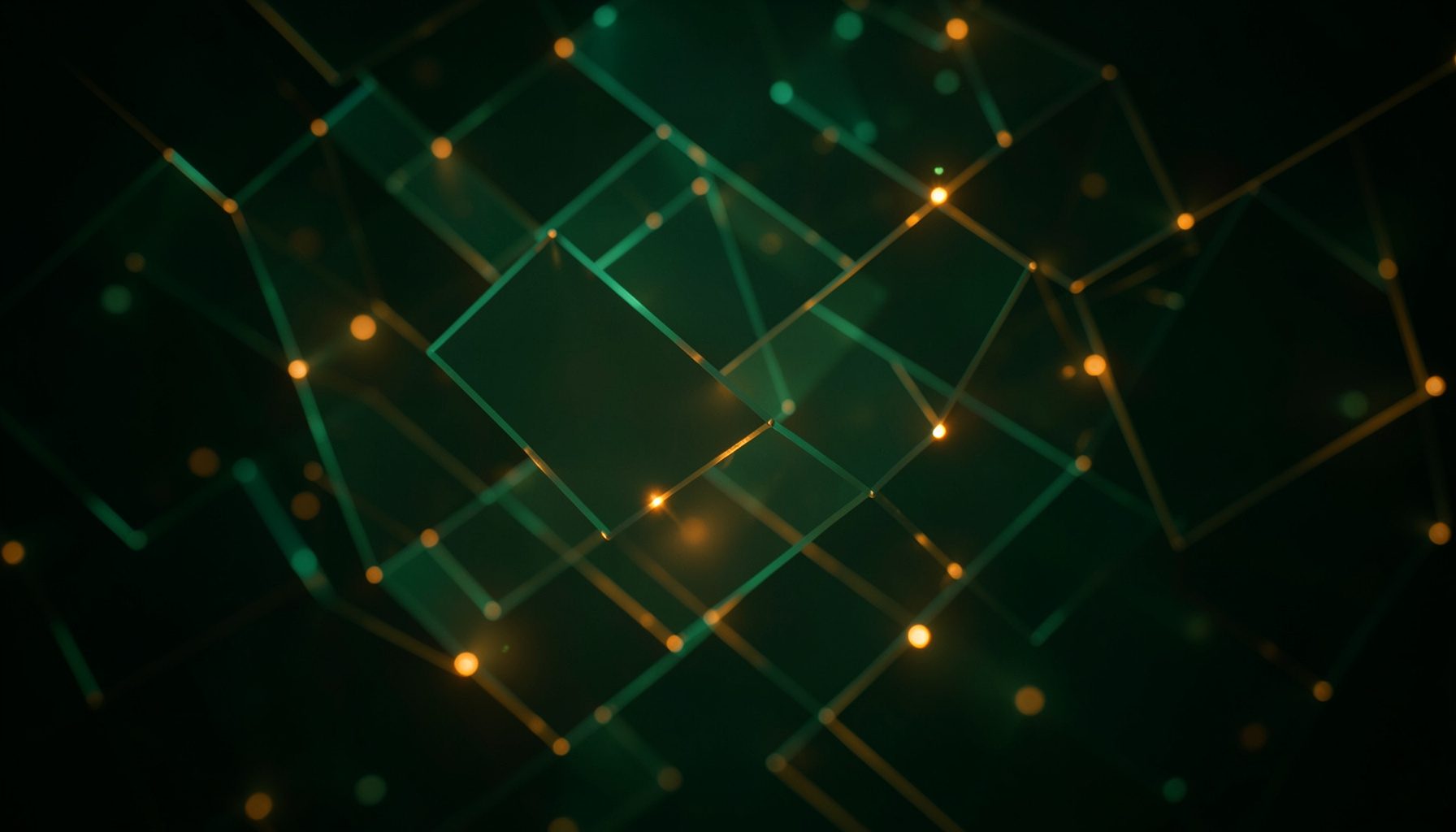 A softly lit abstract composition of interconnected geometric shapes and glowing nodes in deep greens and warm amber tones, evoking discovery and scientific curiosity.