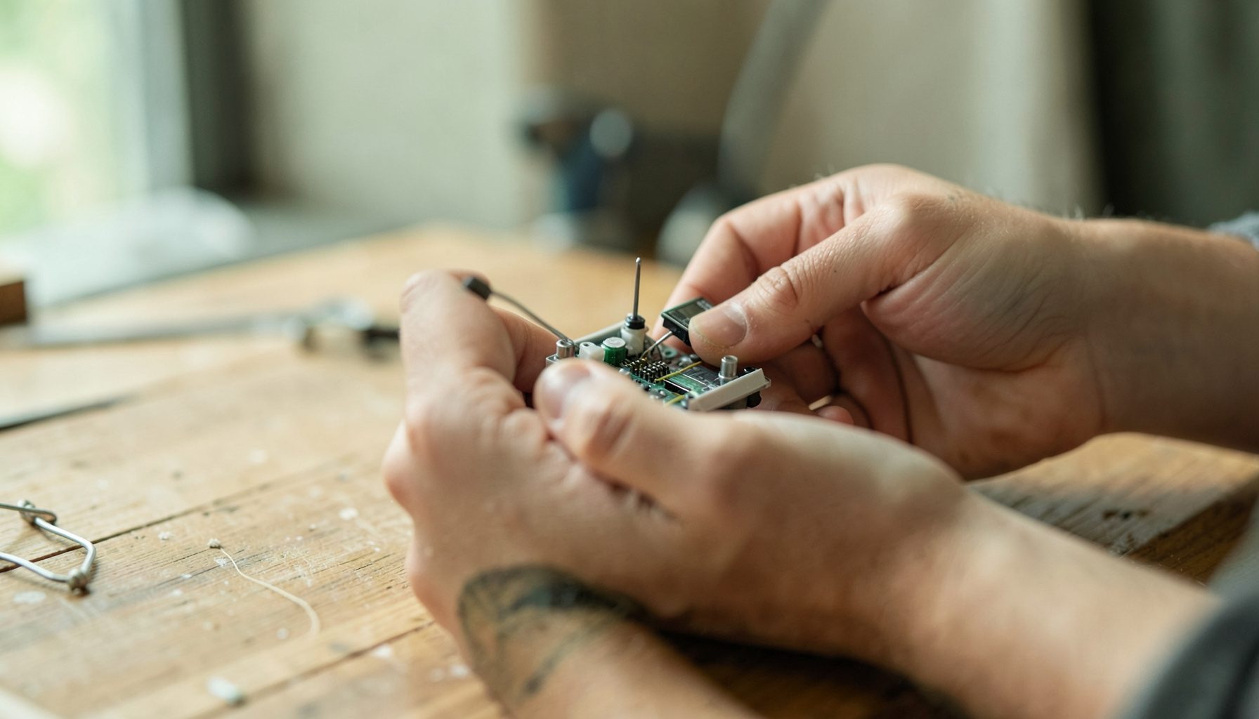 A close-up of hands assembling a small robotic kit on a wooden table, with soft natural light and muted green and beige tones.