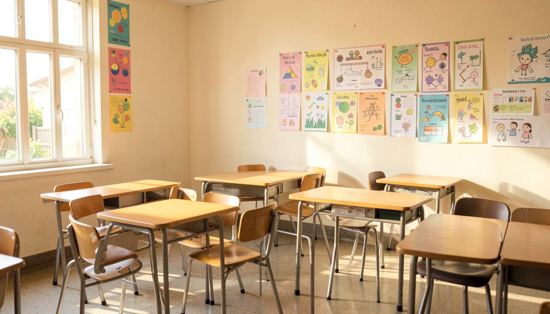 A bright classroom setting with colorful STEM posters on the wall, empty desks arranged in small groups, bathed in warm morning light.