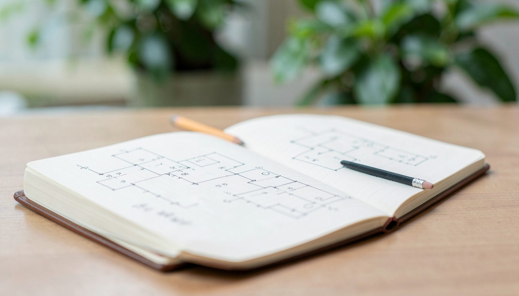 An open notebook with sketched circuit diagrams and a pencil resting beside it, on a desk with soft green foliage blurred in the background.
